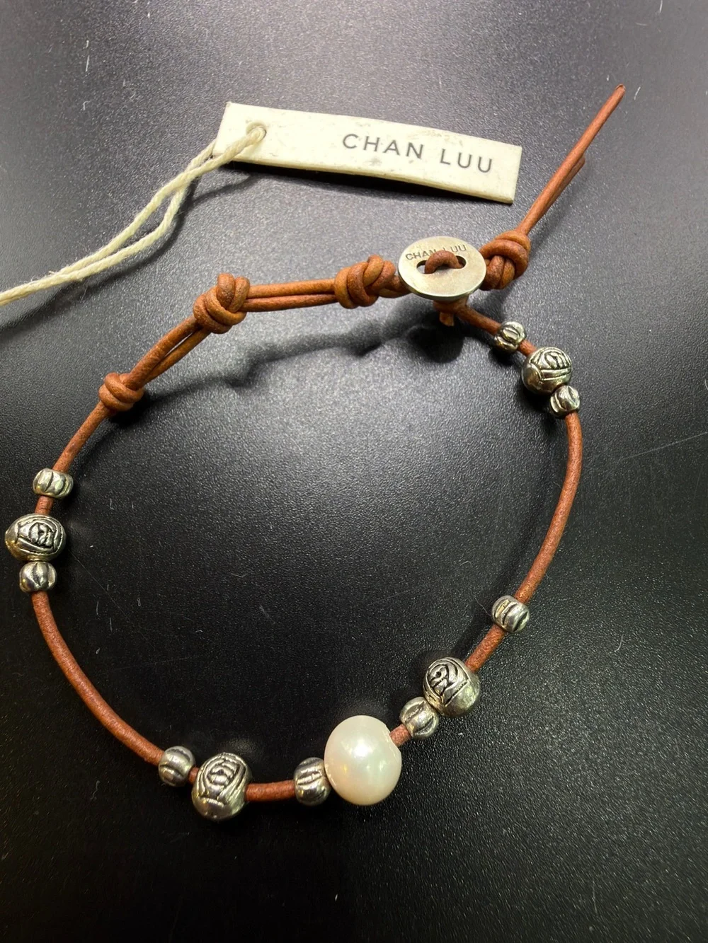 CHAN LUU STRATA LEATHER PEARL 925 STERLING SILVER BOHO BRACELET